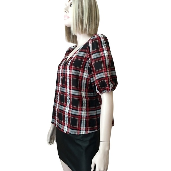 LOFT Blouse Rayon blend Plaid Seersucker Puckered Top Shirt Short Sleeve XS-S - Picture 5 of 15